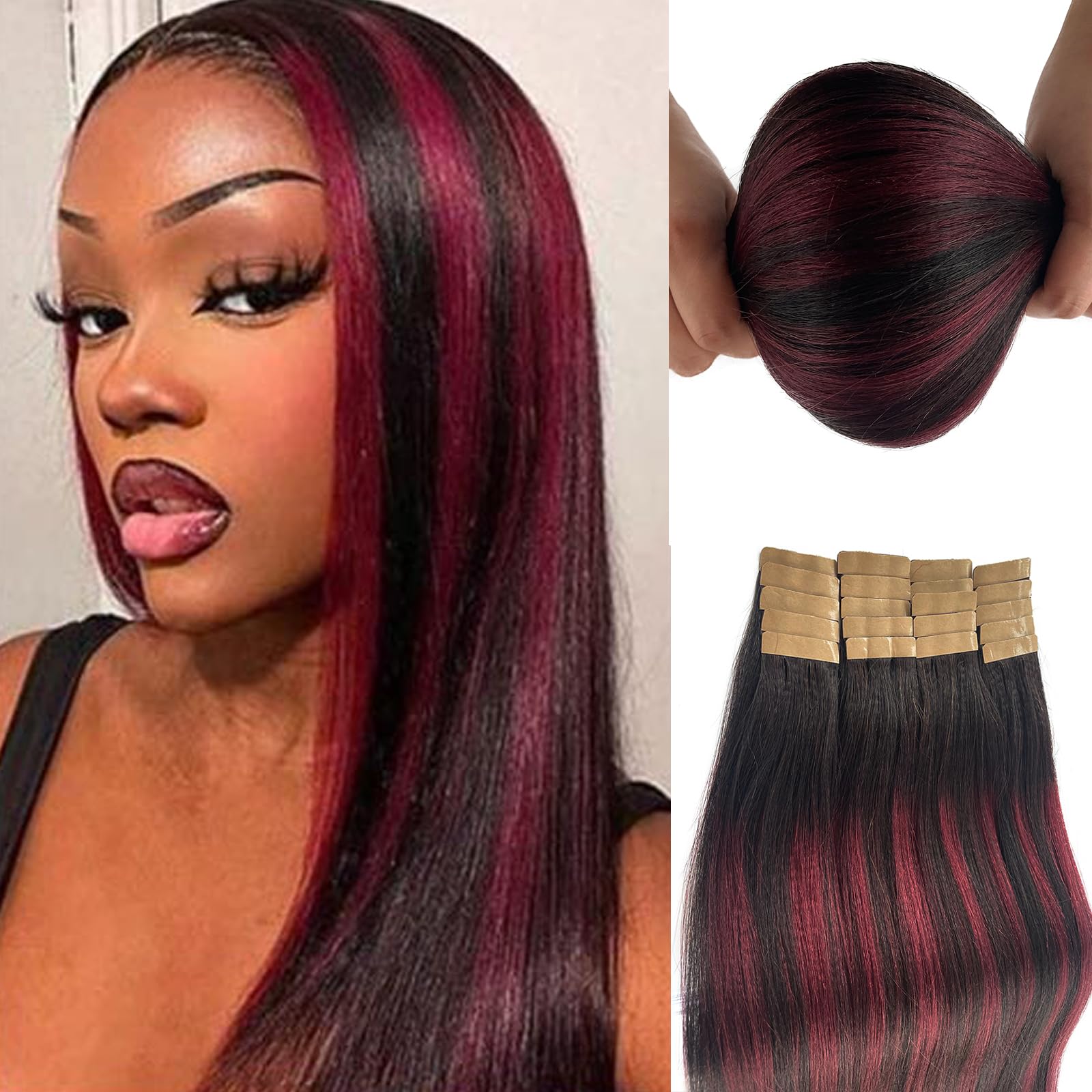 16 Inch Yaki Tape in Hair Extensions Ombre Natural Black to Red Wine Real Human Hair Extensions Balayage Tape in Yaki Straight Hair Extensions Natural