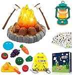 MITCIEN Camping Toys Play Set, Pretend Campfire, Play Food for Kids with Oil Lantern, Pretend Fruits Vegetables Cutting, S\'Mores, Indoor Outdoor Toys for Toddler