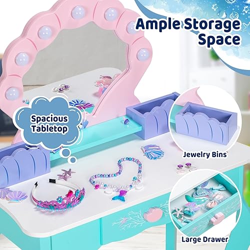 Miniatura 12 de Juego de tocador para niños con espejo iluminado, juego de tocador de maquillaje de princesa y taburete con estante de almacenamiento de joyas y