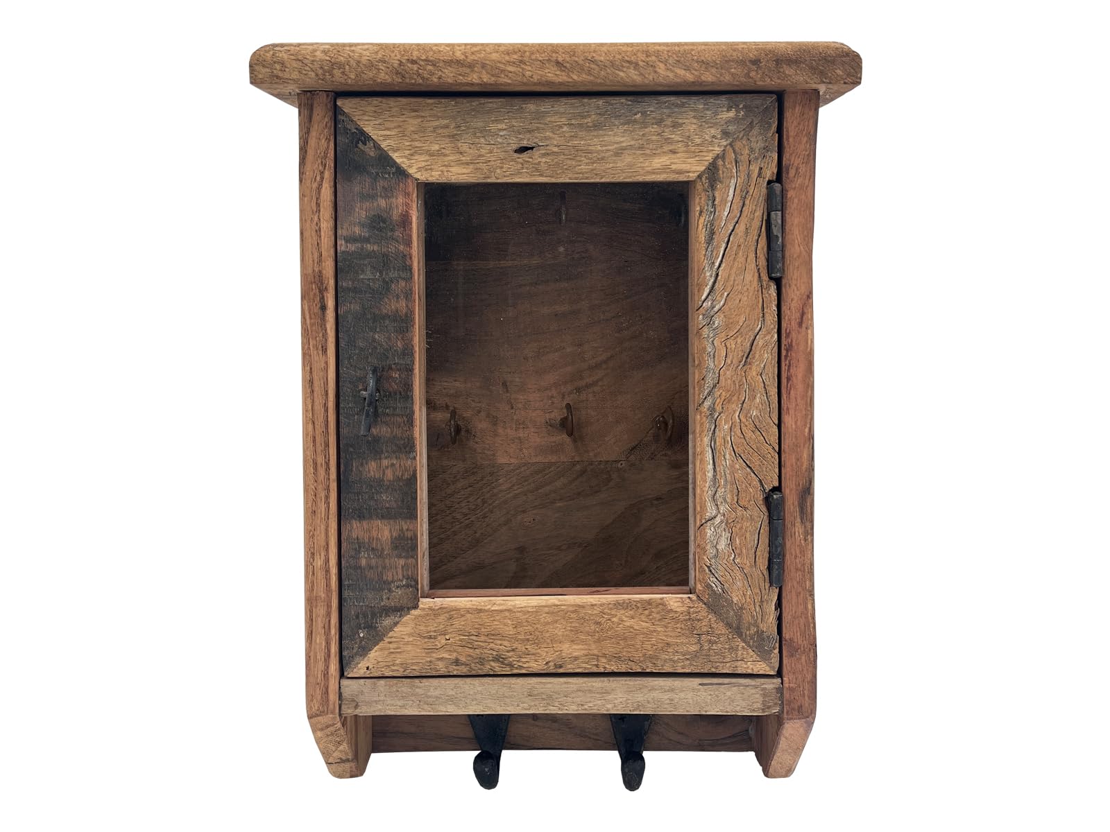 Woodkings Schlüsselkasten Sumatra | Schlüsselhaken 25x35x10cm aus Altholz | ideal für Flur Büro Deko | Rustikales Design mit Glastür und Haken