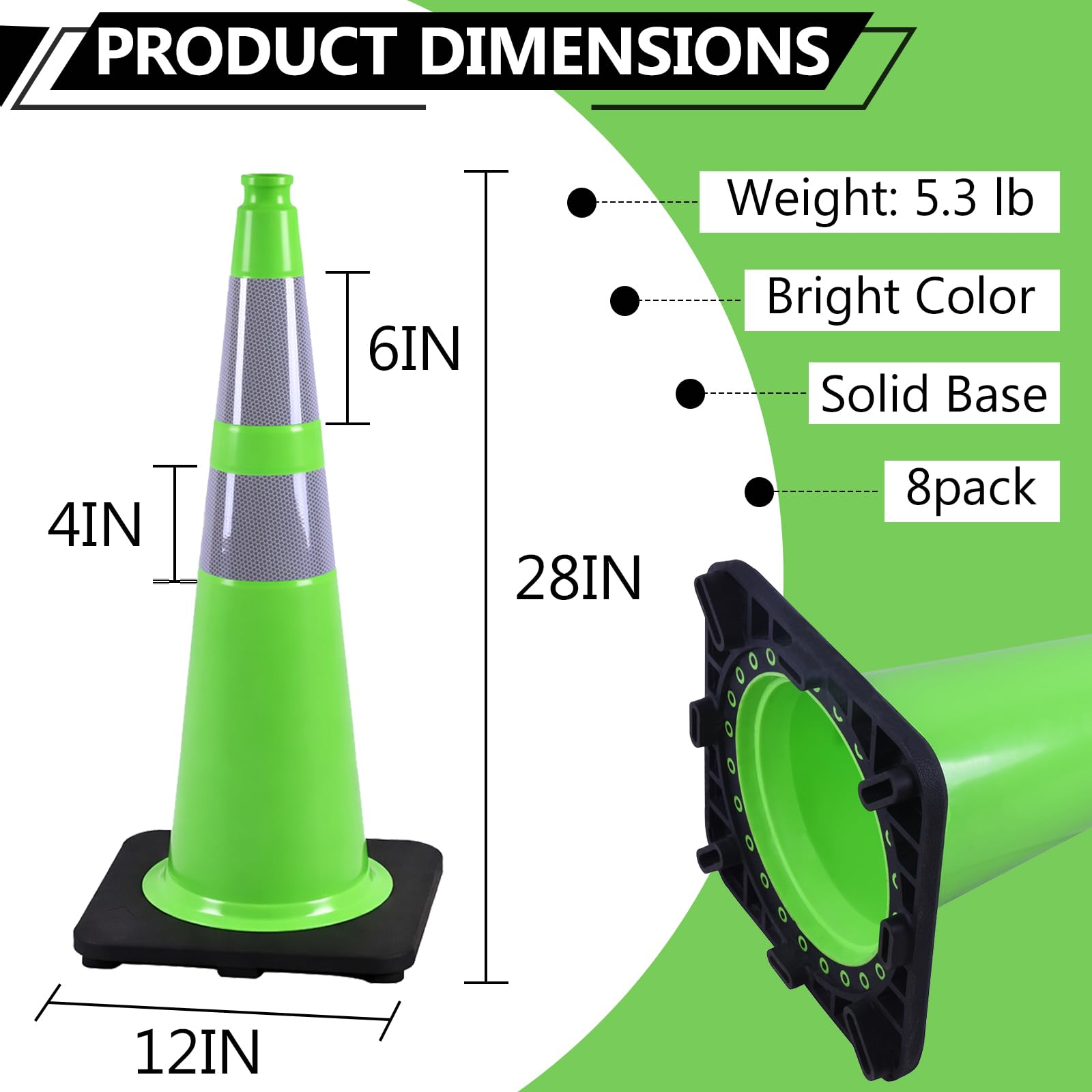 BESEA - Paquete de 8 conos de tráfico verdes de 28 pulgadas con collar reflectante de 6 pulgadas para construcción, calzada, estacionamiento de carretera (8 piezas)
