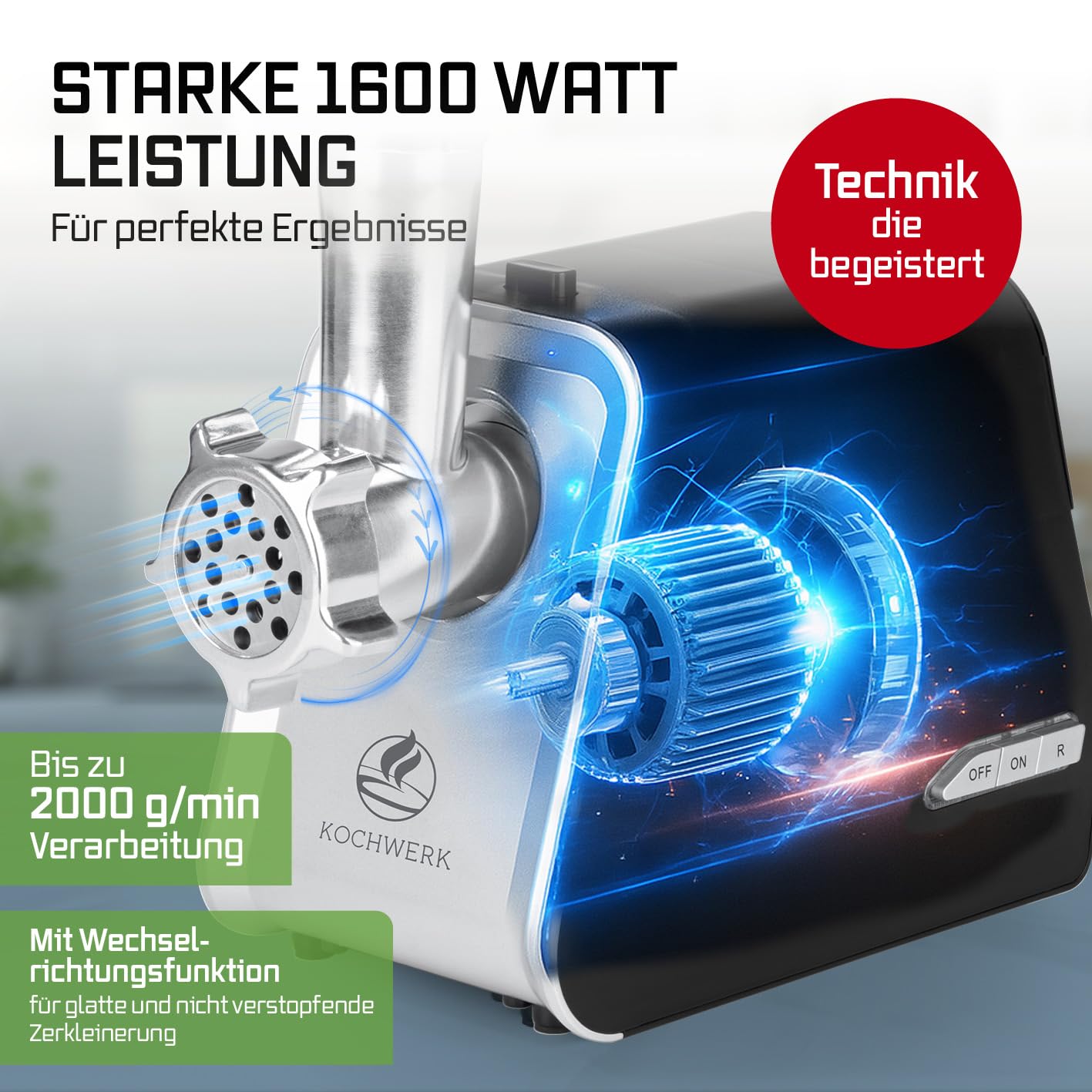 KOCHWERK elektrischer Fleischwolf mit verschiedenen Aufsätzen | verarbeitet bis zu 2000g/min | Hackfleisch, Kibbeh, Churros, Wurst & mehr auf Knopfdruck | leichte Bedienung und Reinigung [1600W]