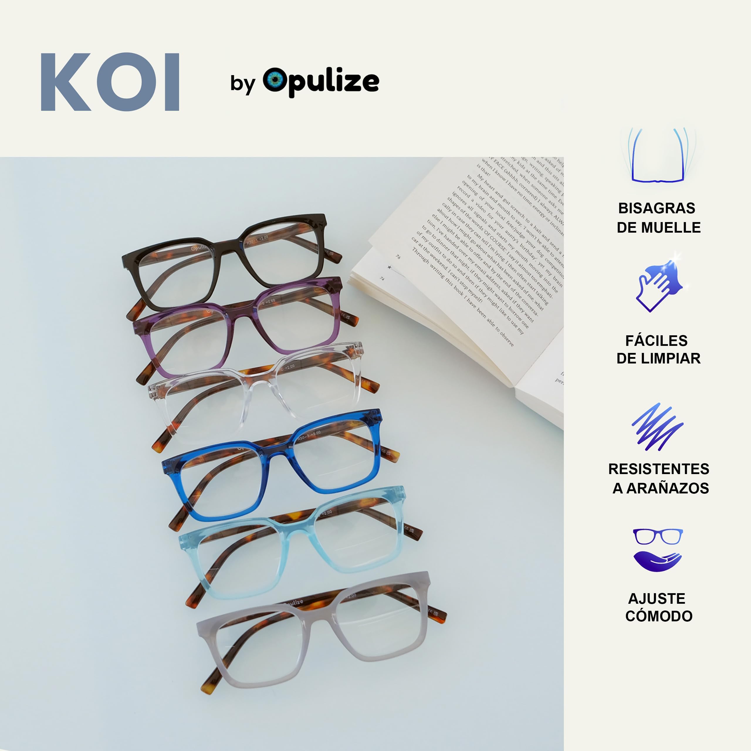 OPULIZE KOI Gafas de Lectura - Elegante Marco Rectangular Ancho - Visión Óptima - Turquesa - Hombre Mujer - Bisagras de Muelle - R50-Q - +1.50