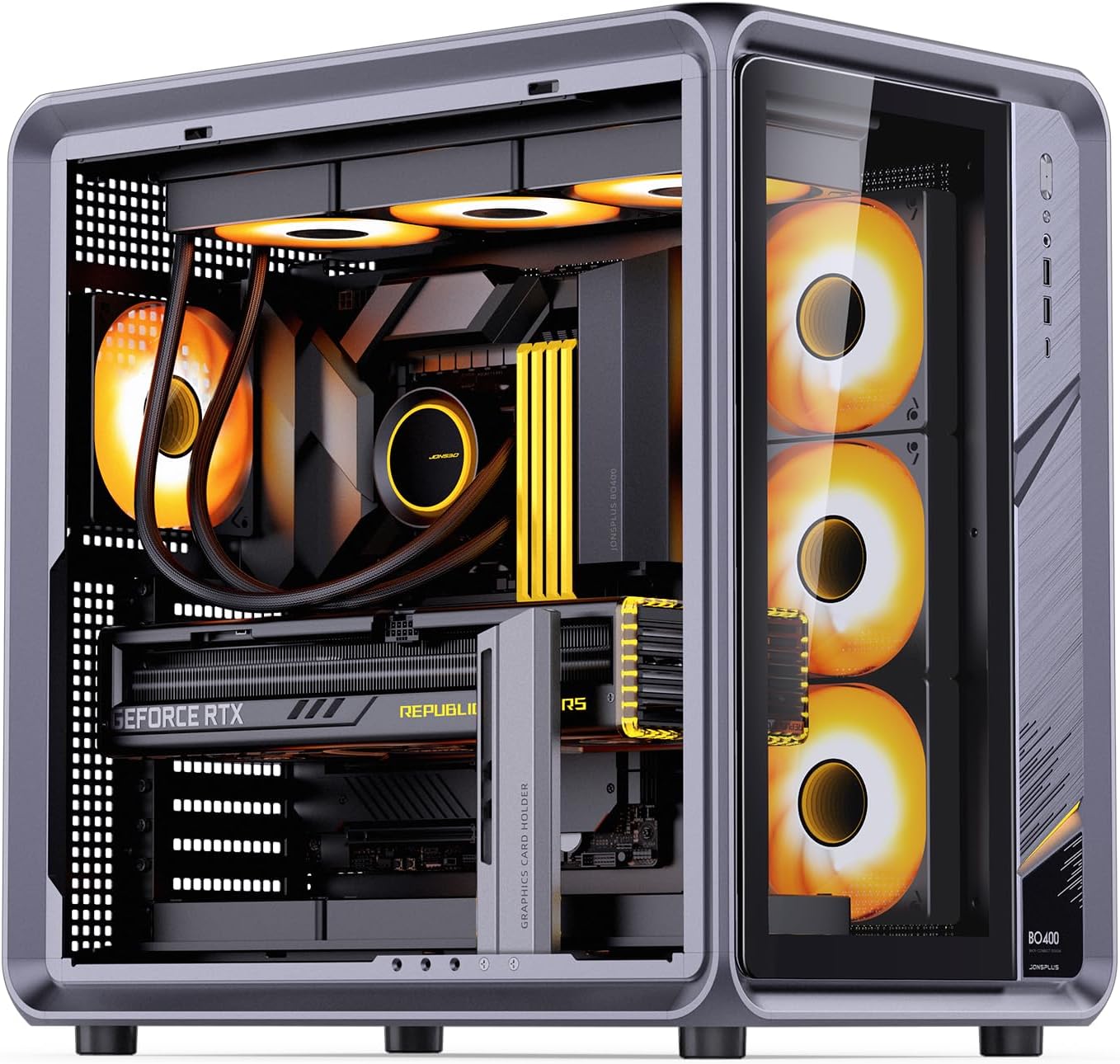 JONSBO BO400 ATX Mid Tower PC Case, Aluminum Frame, Back-Connect MB,High Comp Gaming Dual Chamber Computer Case,GPU 435mm/PSU 200mm/AIO360x3,Top Front Interchangeable Glass/Mesh Desktop Display