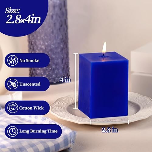 Miniatura 2 de KONNI Juego de 3 velas cuadradas clásicas de pilar azul, velas de pilar sin perfume de 2.8 x 4 pulgadas a granel, velas de 30 horas de combustión,