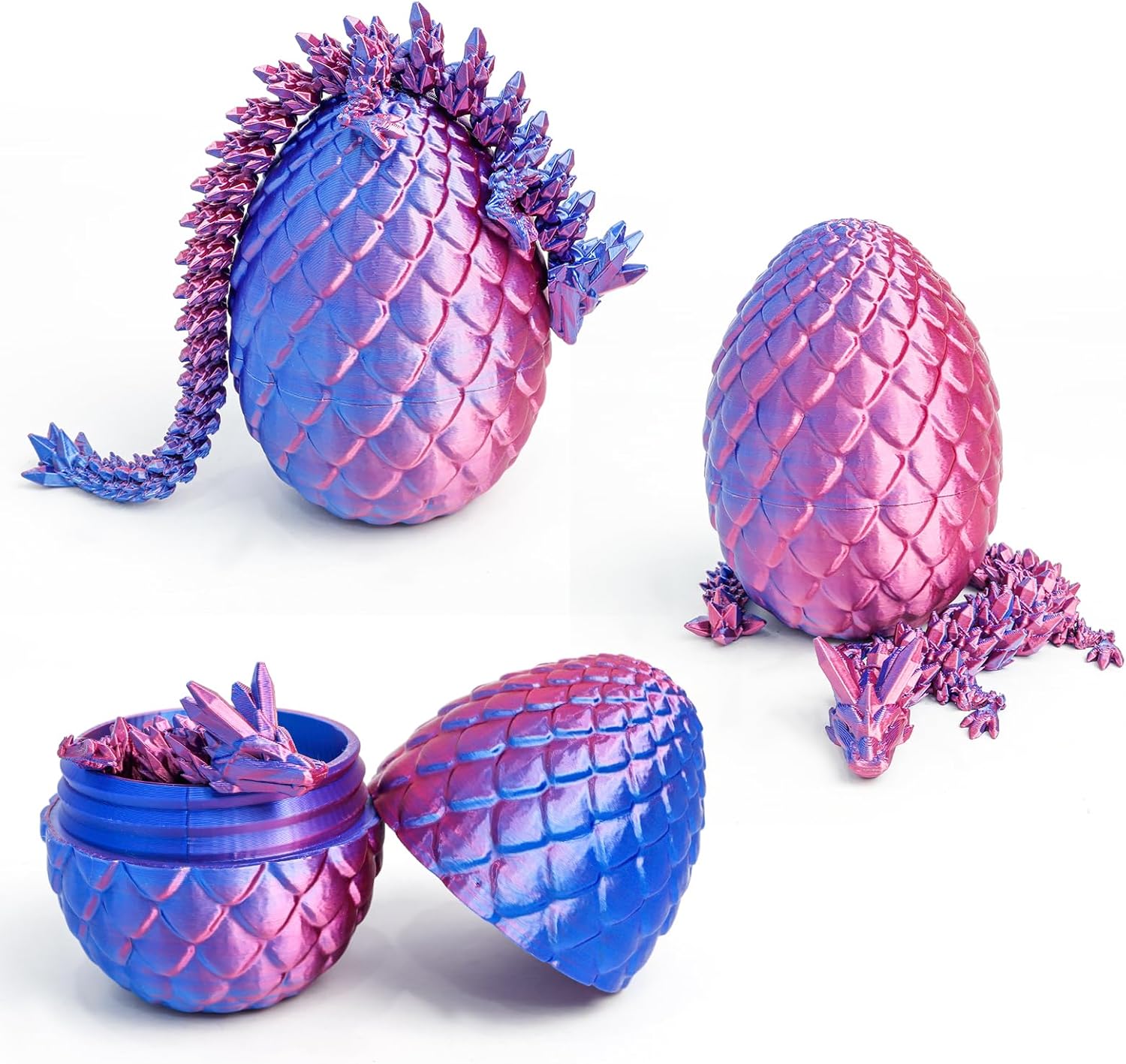 3D Printed Dragon Easter Basket Stuffers - Red Blue - 12 Flexible Crystal Dragon with Egg, Unique Easter Toy Gift for Kids&Adults, Fidgets, Desk Pet Figure