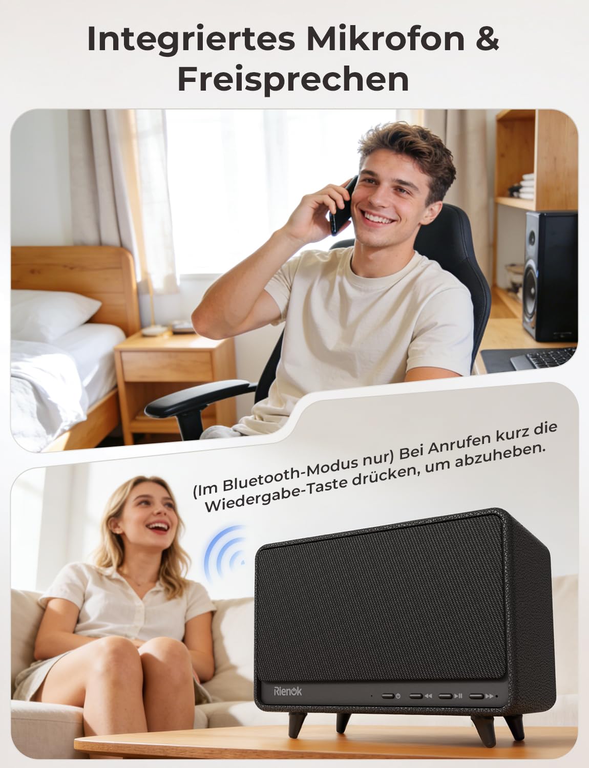 RIENOK Bluetooth Lautsprecher aus Holz, 40W Musikbox kabellos mit Holzgehäuse, 24 Std. Spielzeit kraftvoller Sound BASS für drinnen, Zimmer