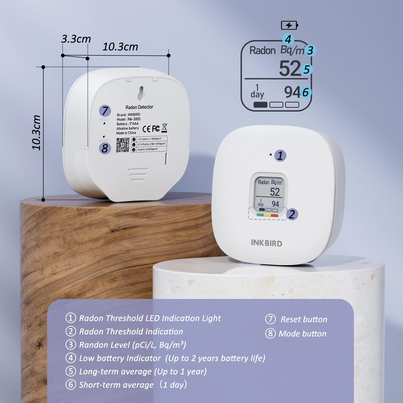 Inkbird Rilevatore di Radon Digitale con Display LCD, RD-3 Monitoraggio di Radon Gas in Tempo Reale,Funzioni di allarme,Misuratore di Radon Portatile per Ambienti Interno/Esterno