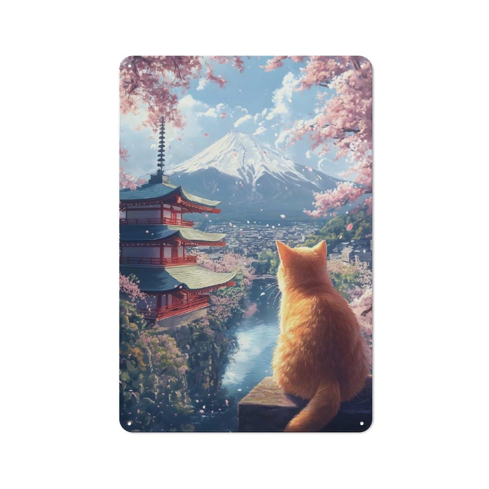 Junmoney Style-15 Tin Wall Plaque 30X20cm With Cat Gazing At Mount Fuji, Japan For Guest Room Or Hallway, For Garage, Workshop And Man Cave Decoration