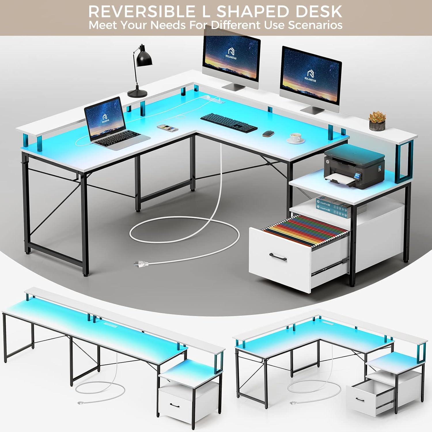 Rolanstar Computer Desk with File Drawer, 68" L Shaped Desk with Power Outlet & LED Strip, L Shaped Computer Corner Desk with File Cabinet, Gaming Desk with Monitor Shelf, Home Office Desk, White : Home & Kitchen