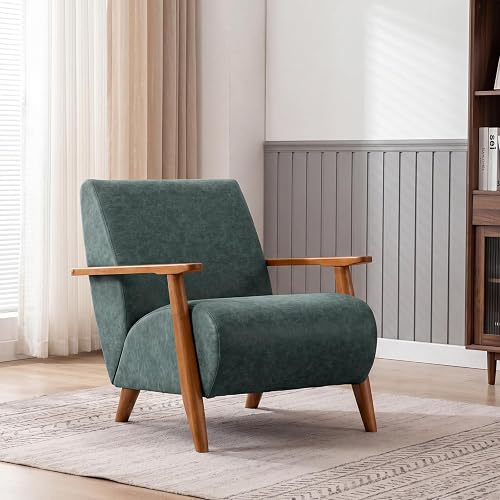 Home Accent Chair Mid Century Modern Accent Chair with Wood Frame, Faux Leather Upholstered Armchair, Reading Chair, for Living Room, Bedroom,Office,Comfy Guest Waiting Room Chairs Blue