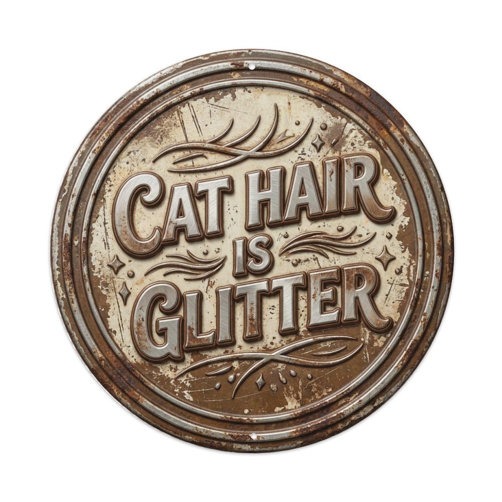 Vintage Cat Hair Is Glitter Feline Metal Tin Sign Plaque Wall Decor for Cafe, Club, Garden Round Metal Poster 8x8Inch