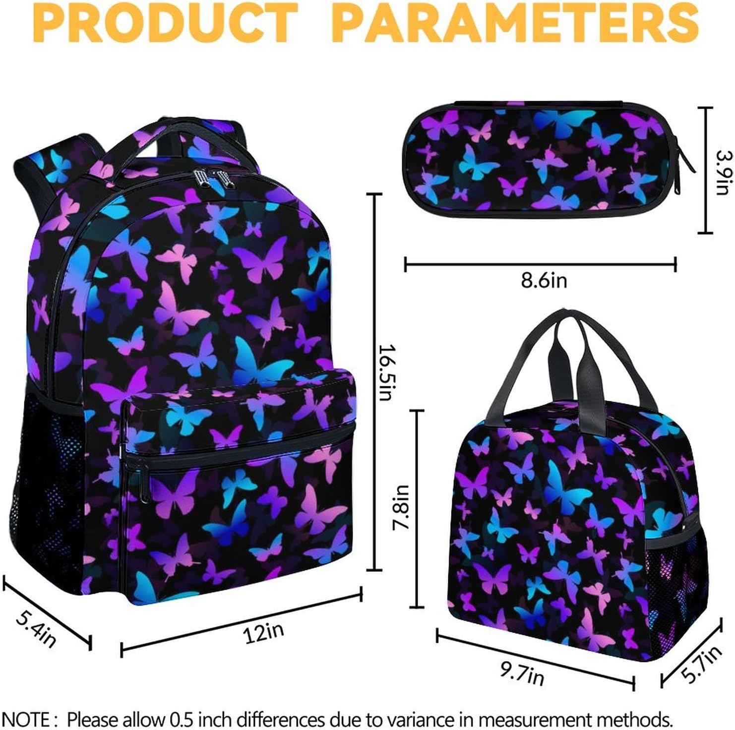 Butterfly Backpack with Lunch Box, Set of 3 School Backpacks Matching Combo, Cute Lightweight Bookbag and Pencil Case Bundle - Image 4