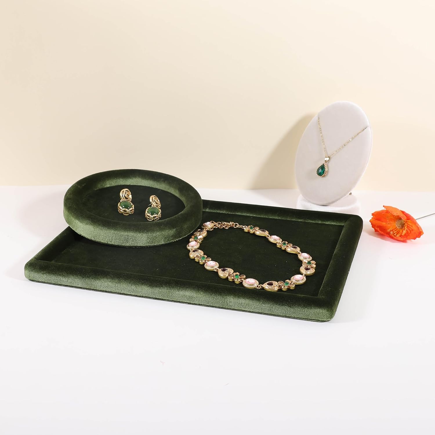 Rectangle Jewelry storage organizer plate, Velvet Jewerly display tray, Empty showcase tray for Necklace Bracelet Ring Earring【Light Green-Medium, 11.8 x 8.7 in 】