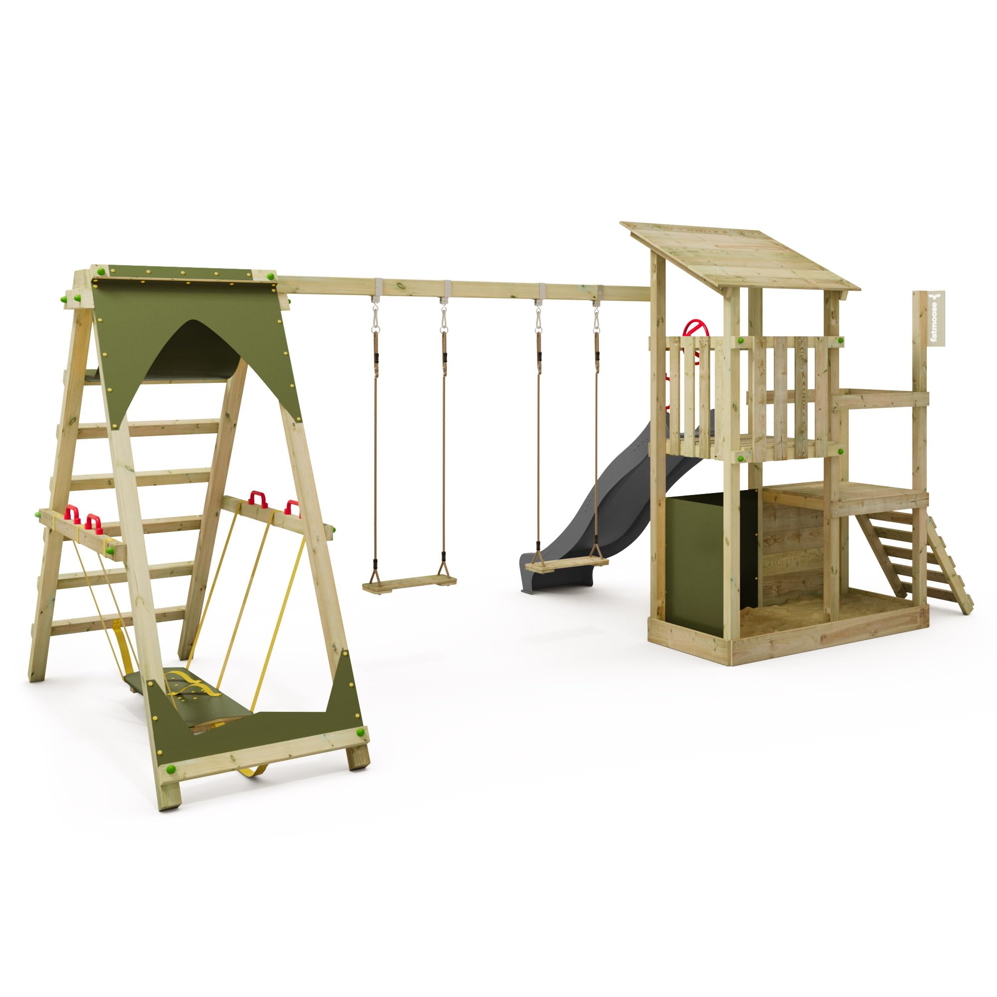 FATMOOSE Spielturm FruityForest Fun XXL Klettergerüst, anthrazit | mit Surfanbau, Schaukel & Rutsche, mit Sandkasten, Leiter & Spiel-Zubehör, für den Garten