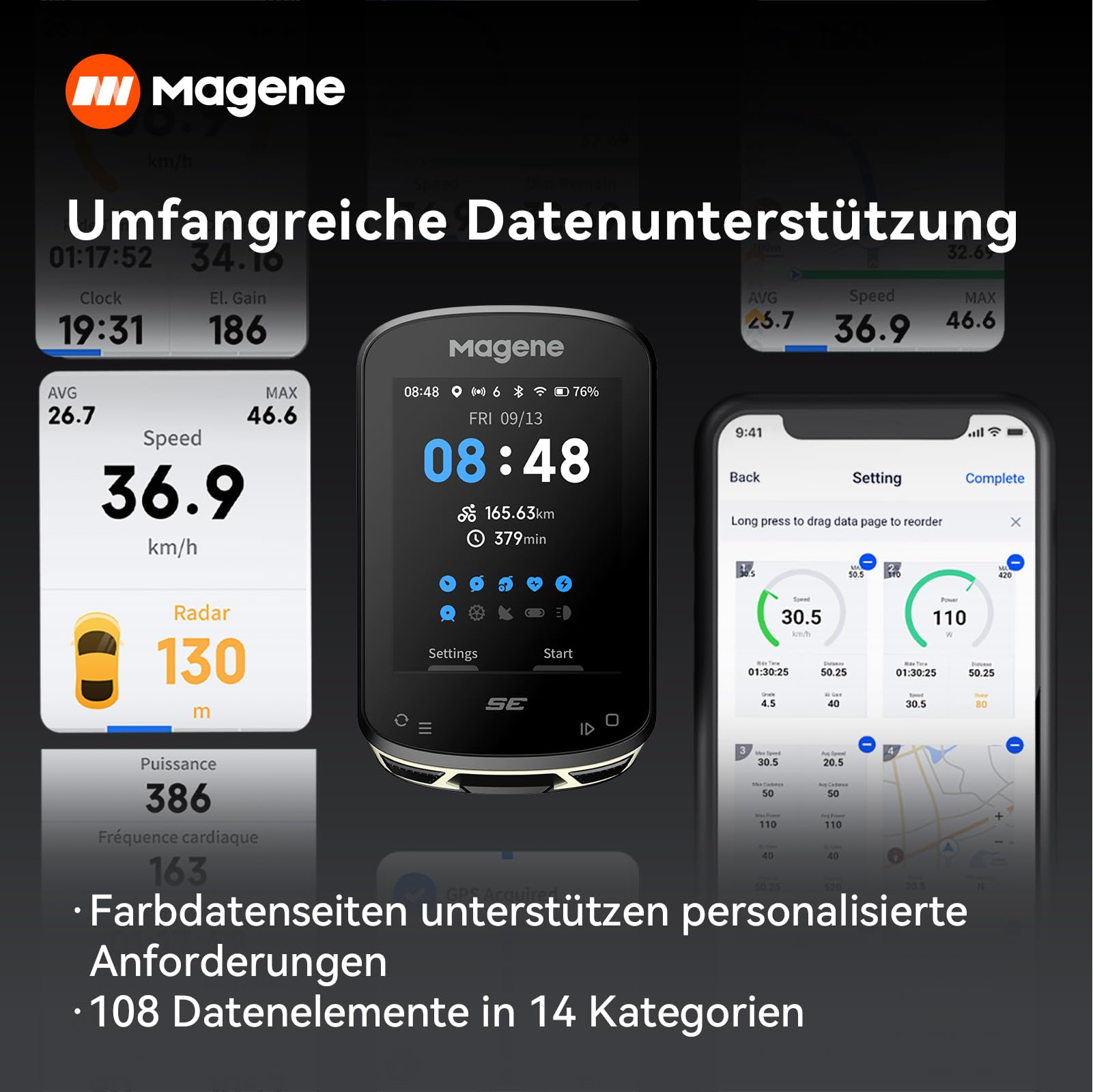 Magene C506SE GPS Kabellos Fahrradcomputer, Streckennavigation, 2,4-Zoll-wasserdichte-Farbbildschirm, WiFi&Bluetooth, Benutzerdefinierte Daten, 11 Sprachen