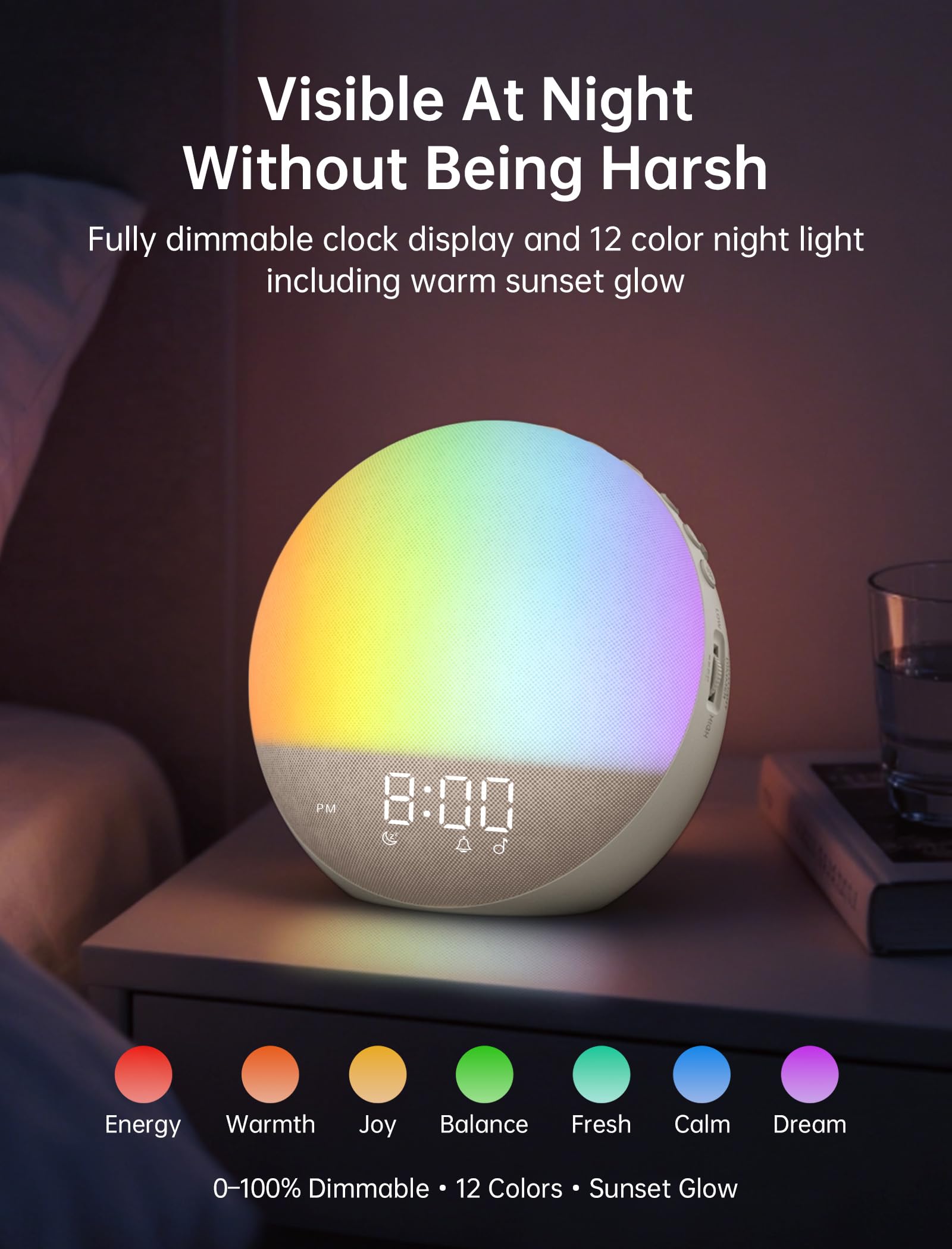 Odokee Reloj despertador Sunrise con máquina de sonido: luz de despertador suave y 7 sonidos de alarma para dormitorio, 3 modos de despertar y 32 niveles de volumen para masilla matutina sin estrés
