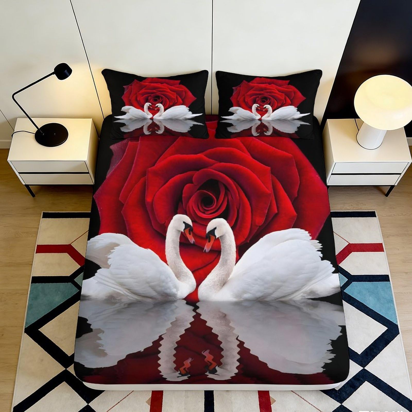 3D Printed red rose Fitted Sheet with swan pattern, Microfiber soft touch, wrinkle resistant, guest room bedding, anti-slip, washable, bedroom decor 160x200x25cm