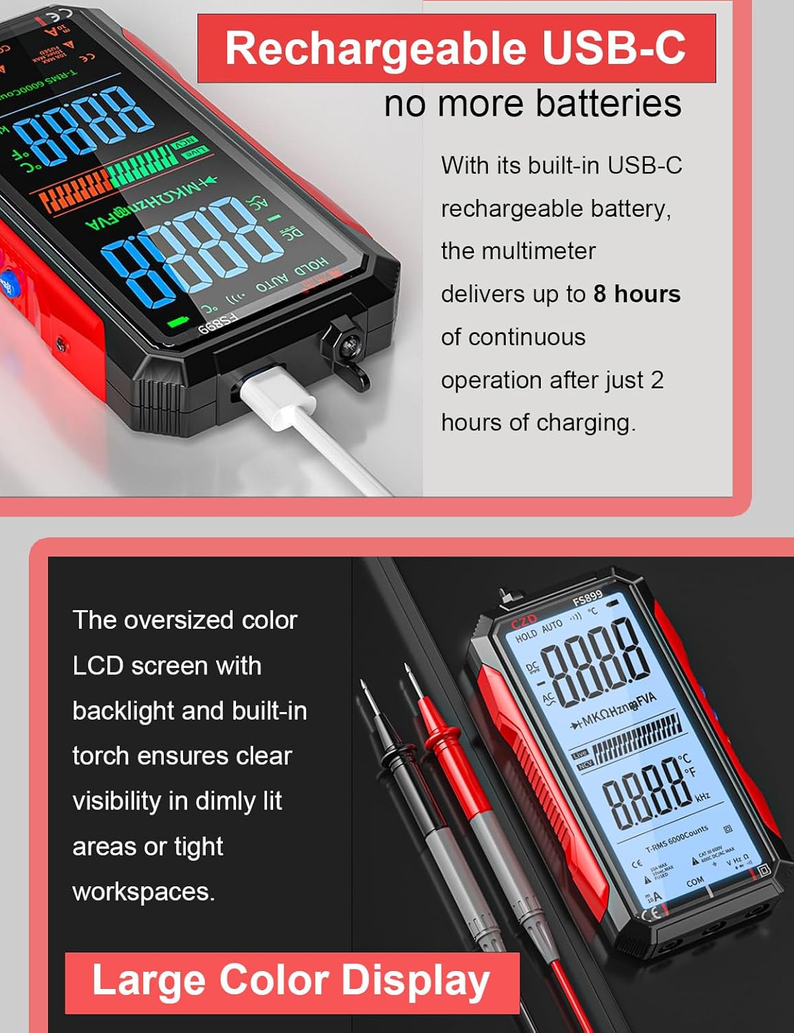 Digital Multimeter, 2026 Upgraded FS899L Multimeter, USB Rechargeable Digital Multimeter, Measures Voltage Automatic Digital Display Multimeter Tester for Home and Industrial Electrical Issues (Red)