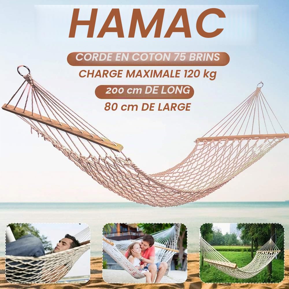 Hamacs d'extérieur portable pour 1 à 2 personnes en maille de coton blanc pour porche, plage, terrasse, chambre à coucher