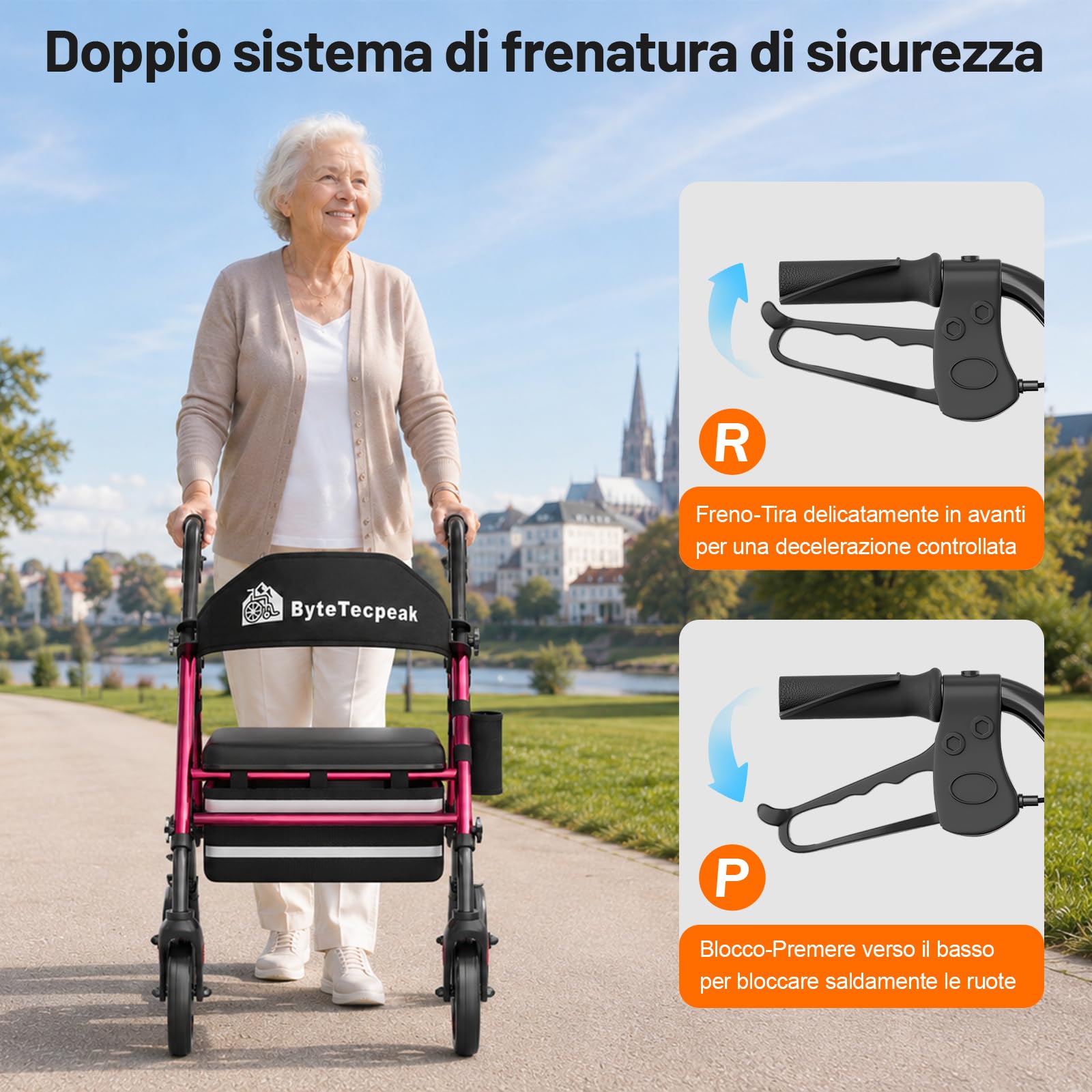 R4 deambulatore pieghevole con seduta, girello per anziani,altezza regolabile in 5 livelli su sedile e maniglie, Deambulatori a 4 ruote, Con borsa della e freni, portata max 100KG