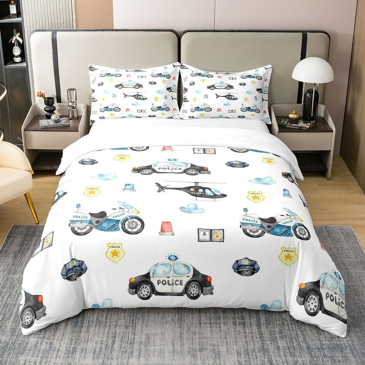 Avion housse de couette 100% coton enfants parure de lit 200x200 voiture police moto hélicoptère zip