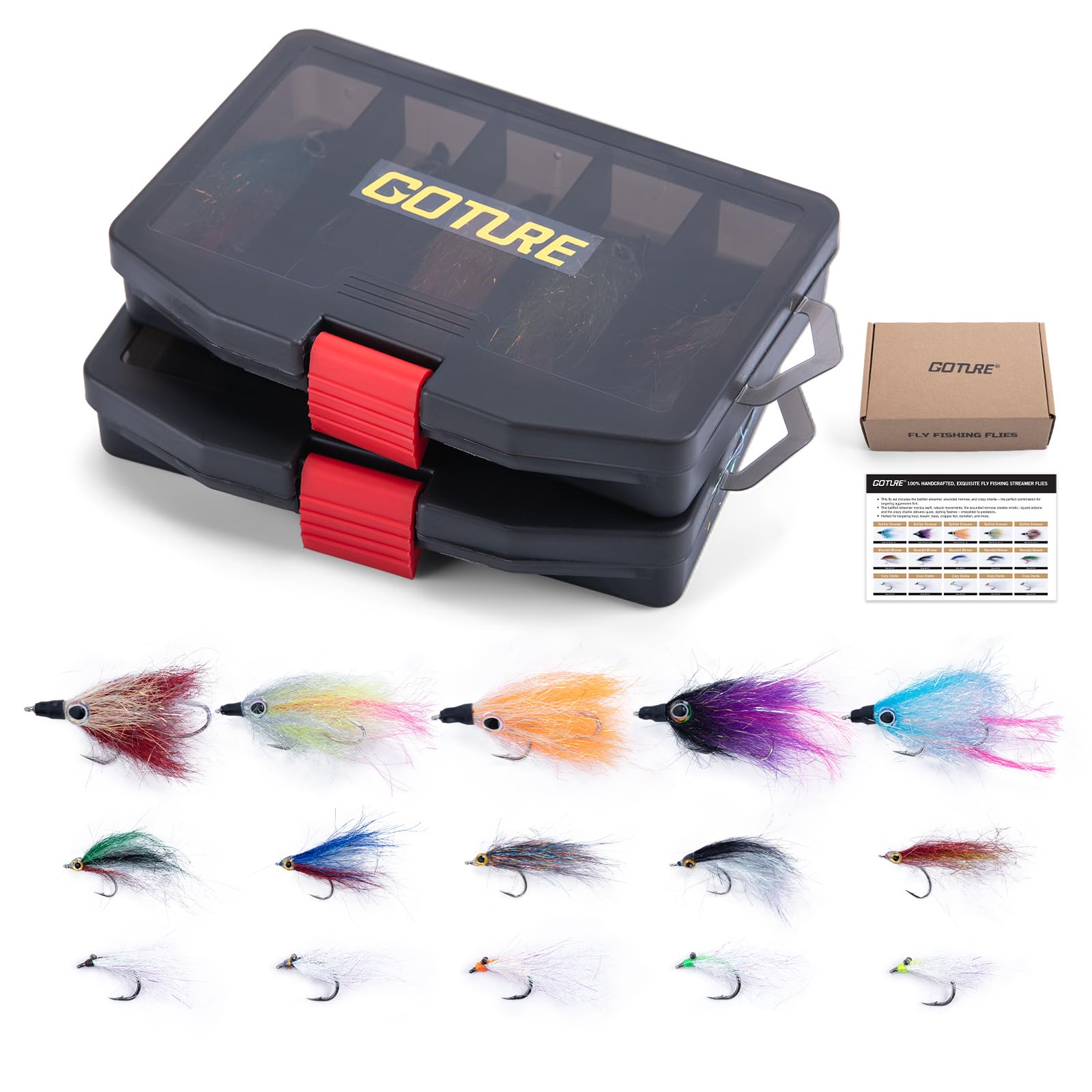 Goture Fly Fishing Flies Kit, Baitfish Streamer, Wounded Minnow, Crazy Charlie, Hand-Tied Bonefish Fly Fishing Lures for Trout Bass Steelhead Salmon, Included Tackle Box, Gifts for Men