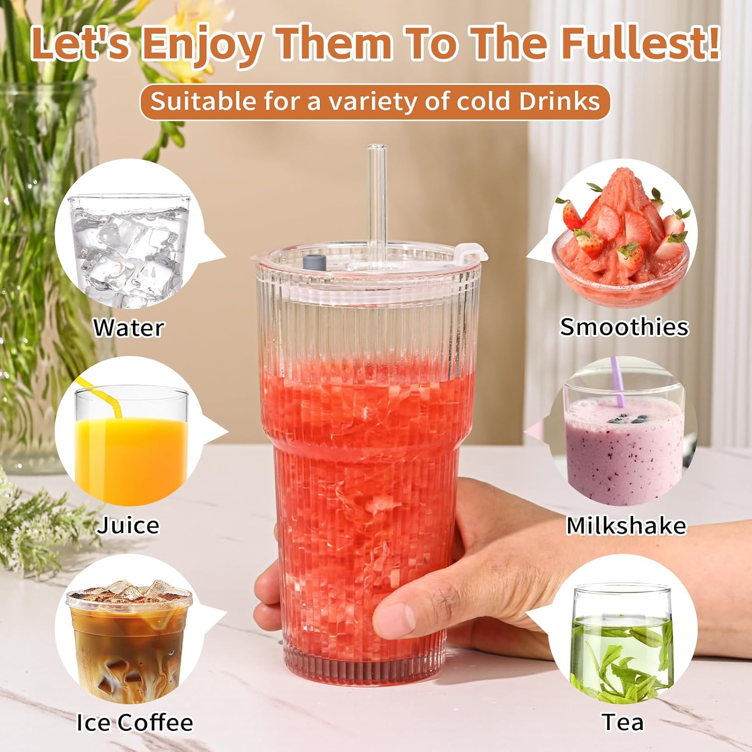 20oz Ribbed Glass Cups with Lids and Straws,1PCS Glass Tumbler with Straw and Lid,Iced Coffee Cups Drinking Glasses for Juice Whiskey Cocktail Beer - Image 4