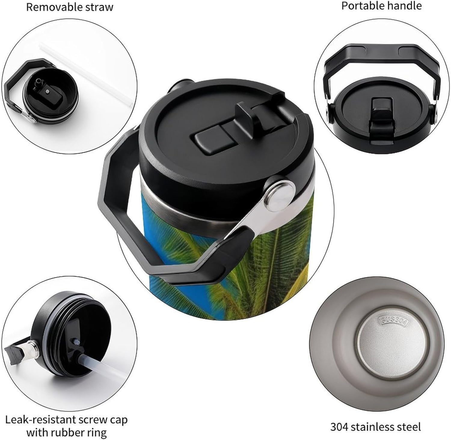 30oz Insulated Tumblers with Top Handle, Stainless Steel Beach And Coconut Tree Car Cup with Straw for Gift, Leak-Proof Double Wall Vacuum Travel Mug, Personalized Water Bottles Black