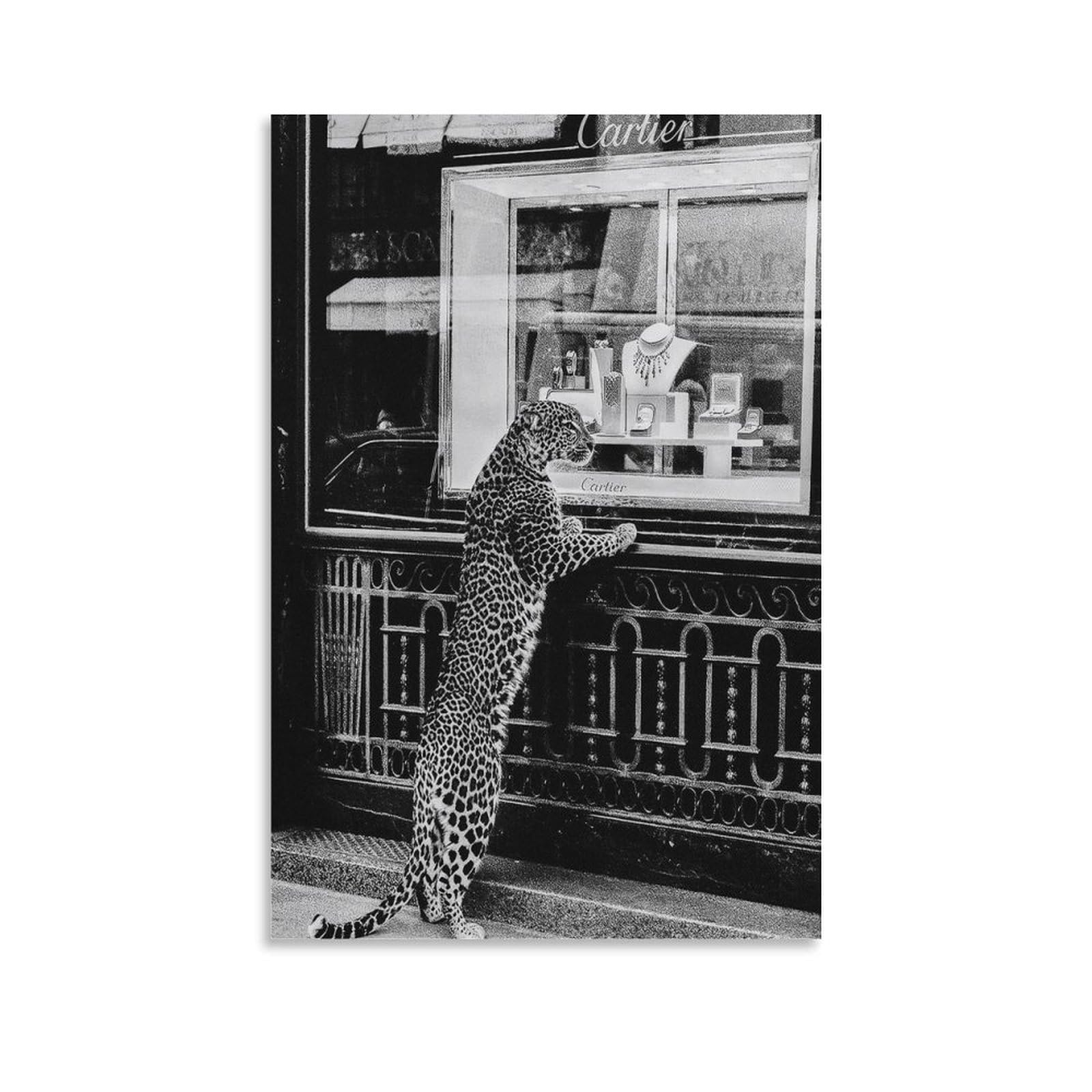 QZFNCOYU Leopard in A Jewellery Shop Black And White Vintage Art Poster Canvas Poster Wall Art Decor Print Picture Paintings for Living Room Bedroom Decoration 20x30inch(50x75cm)