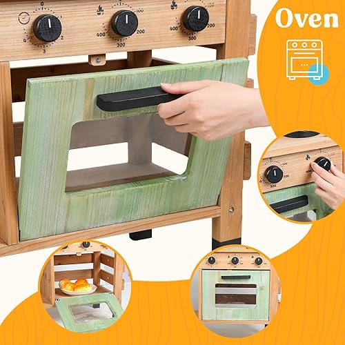 Miniatura 8 de Cocina de barro, juego de cocina de madera para exteriores con estufas, fregadero extraíble, grifo, pizarra, accesorios de cocina, patio trasero,