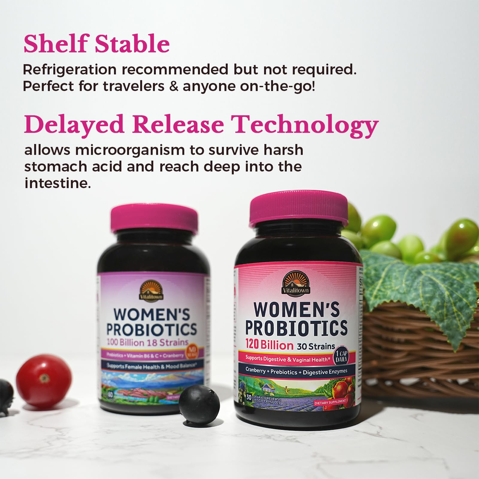 Vitalitown Probiotic Bundle (Pack of 2) | Women’s Probiotics 120 Billion (Item 1) & Women’s Probiotics 100 Billion (Item 2) | 30 Capsules & 60 Capsules