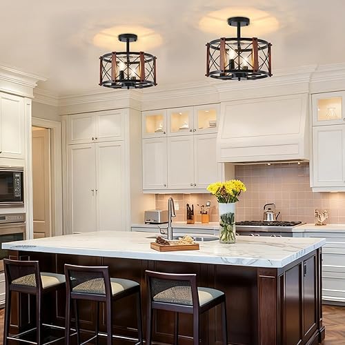 Miniatura 3 de Lámpara de techo semiempotrada rústica de 4 luces, moderna para entrada, pasillo, lámparas de cocina con tambor de madera de roble, luces negras