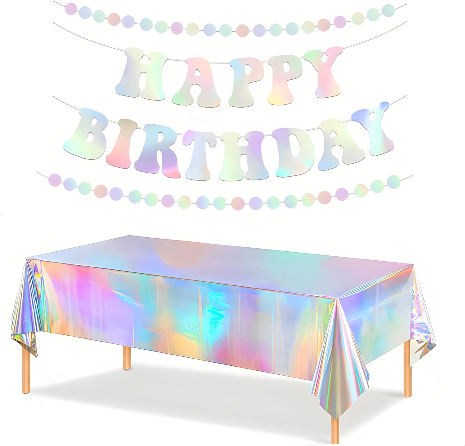 Popular Iridescent Party Decorations, Happy Birthday Banner & Iridescent Tablecloth with 2Pcs Hanging Circle Streamer Garland，Bachelorette Disco Bday 70s 60s Party Decor