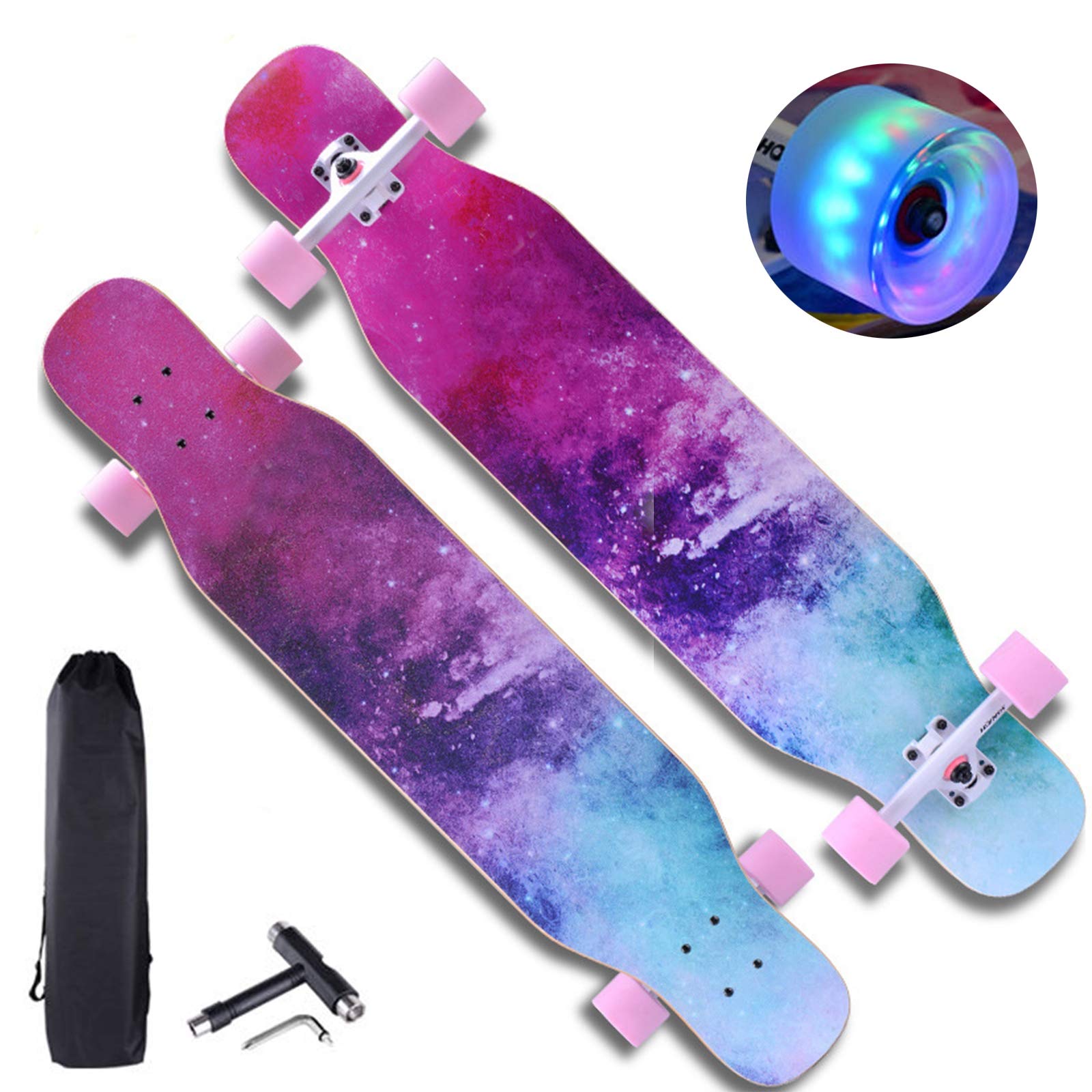 43 "Longboard Skateboard Double Kick Concave Deck Skateboard, 7 Kanadische Schichten Ahornholz Tanzbrett mit LED PU Rädern für Kinder Teenager & Erwachsene Anfänger,Nebula, HSGAV