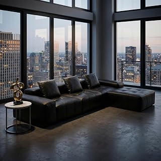 MEISIMAN 136" Leather Couch, L Shaped Boneless Couch - Modular Sectional Sofa with Ottoman, Faux Leather Sofa & Memory Foam Couch, Deep Seat Sectional Couches for Living Room, No Assembly Required