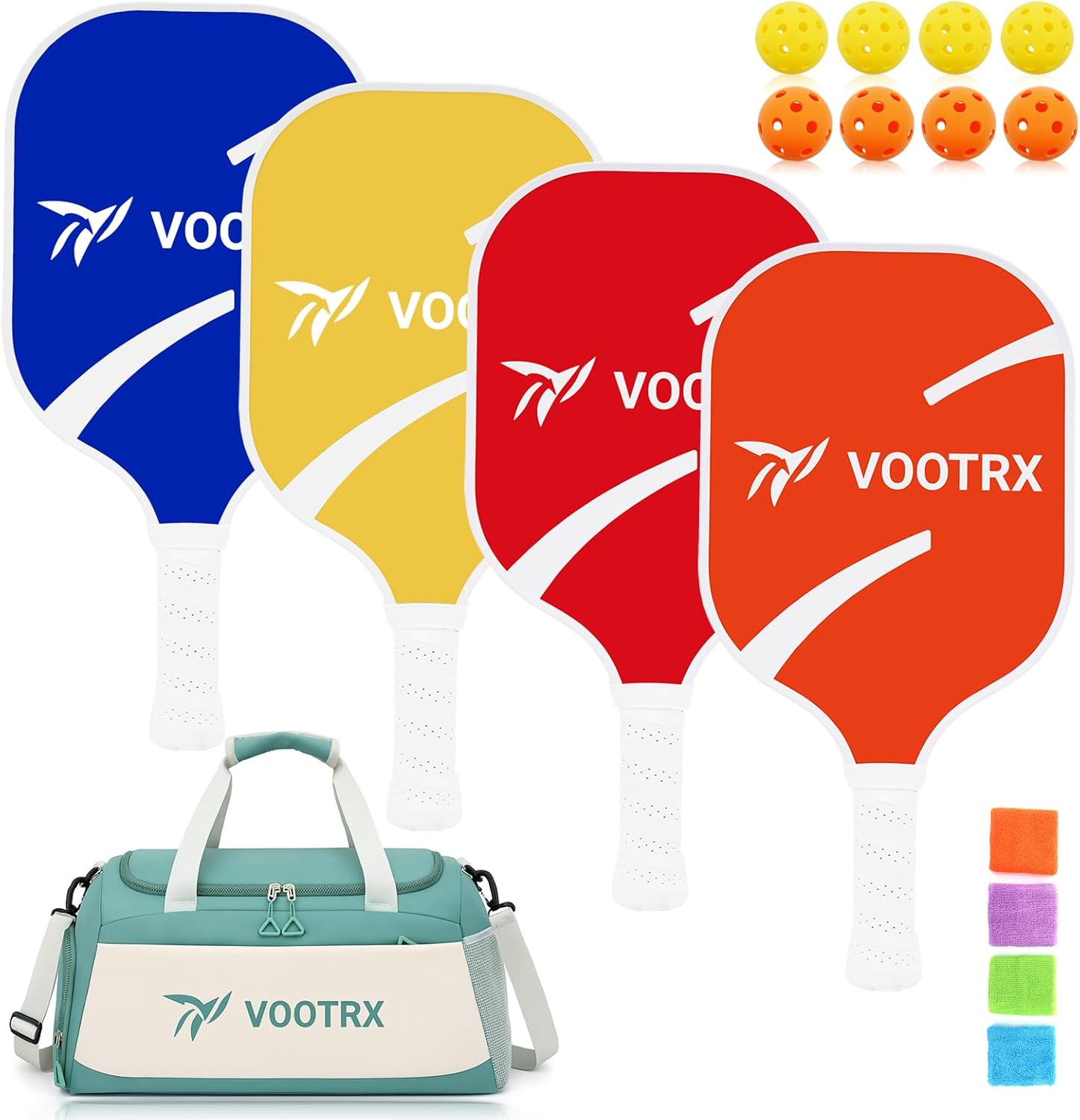 Pickleball Paddles Set of 4,8 Balls, 4 Colorful Fiberglass Pickleball Rackets, Carry Bag & Wristbands for Indoor and Outdoor Play