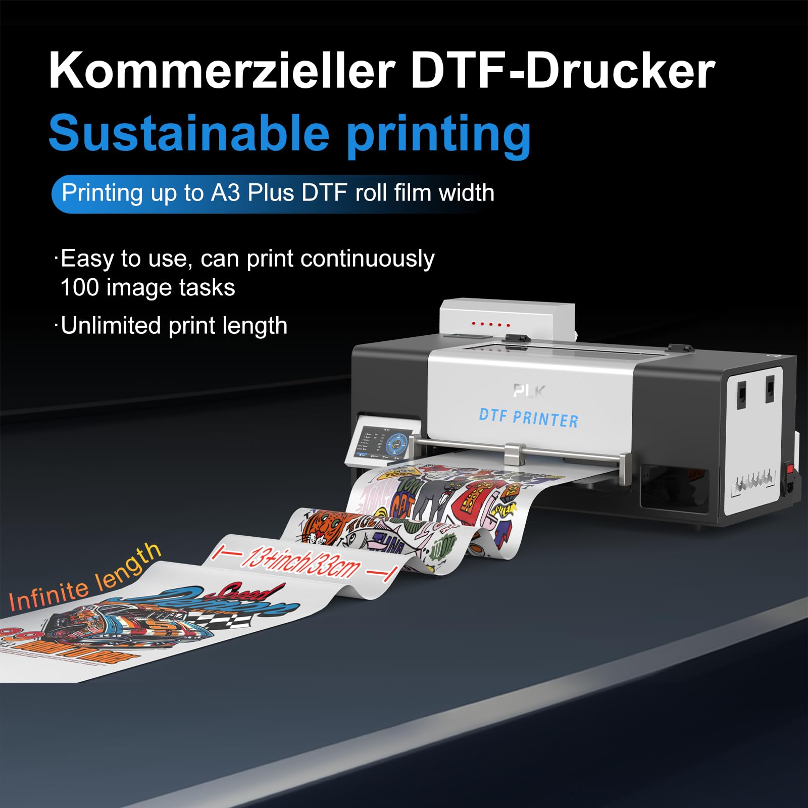 PLK DTF-Drucker A3, i3200 DTF-Drucker in Profiqualität, doppelte Druckgeschwindigkeit, automatische Reinigung, duales Weißtintensystem, Druck auf Bekleidung nach Kundenwunsch