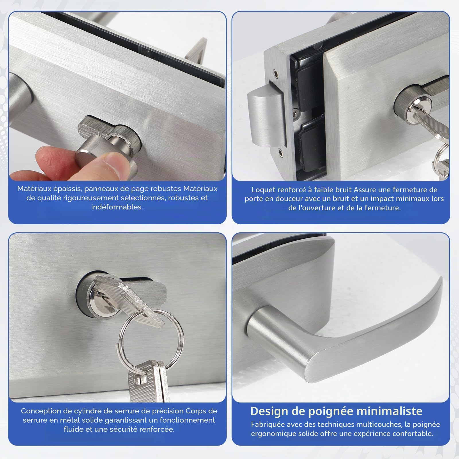 Serrure de porte en verre en acier inoxydable, poignée de porte avec 3 clés, poignée de porte en acier inoxydable mat avec encoche pour verre, bureau, salle de bain, chambre à coucher, balcon