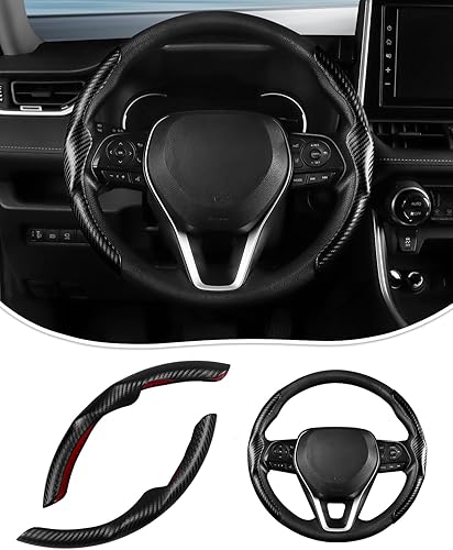 Karltys Funda de volante mejorada de 2 piezas, funda de volante de fibra de carbono negra, antideslizante, cálida en invierno, agarre segmentado