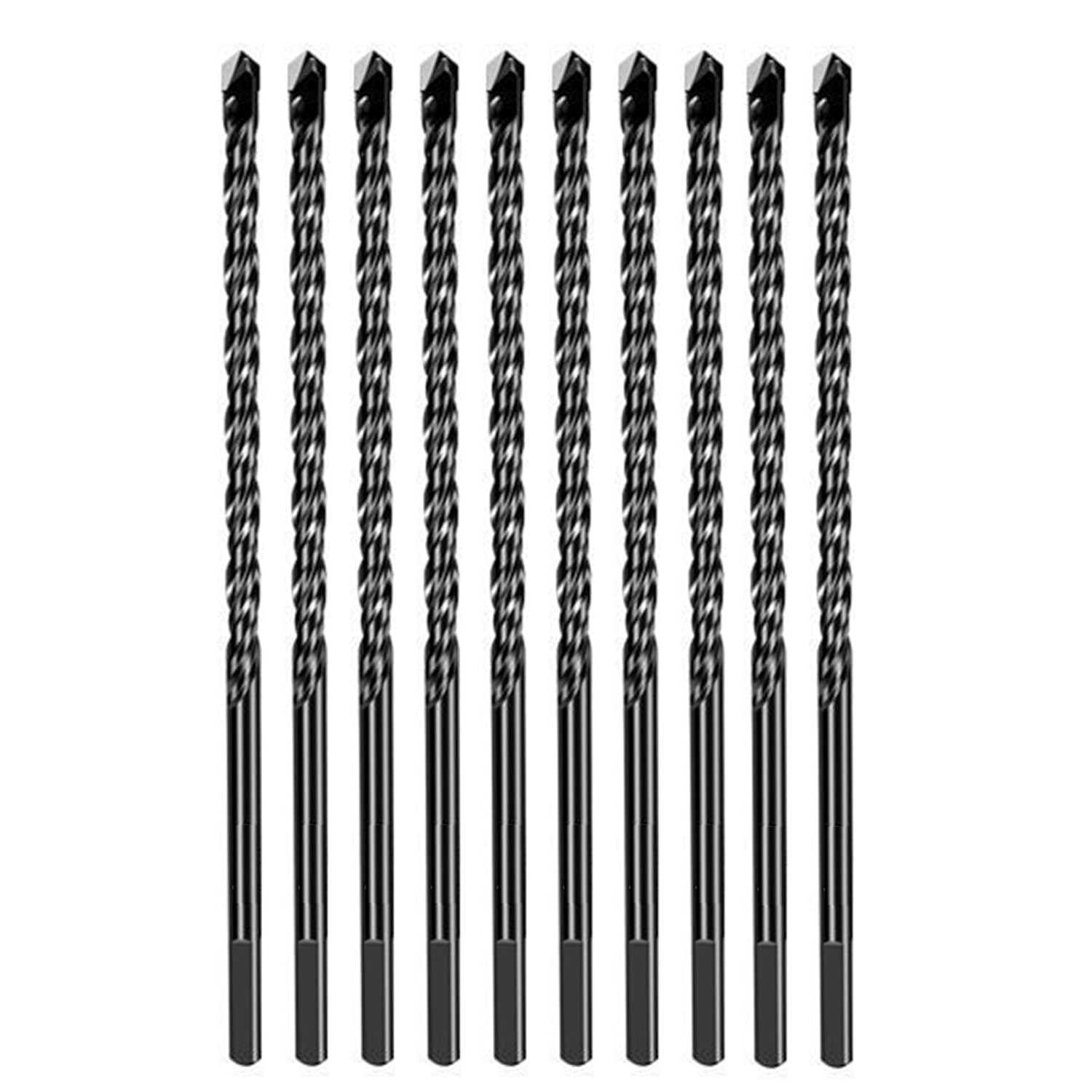 10Pcs Extra-Long Glass and Tile Drill Bits Set, 135° Carbide Spear Tip, Spiral Flutes, 3-Flat Shank, for Bathroom Tiles, Masonry Walls, Wood (12x200 mm (1/2"x8"))