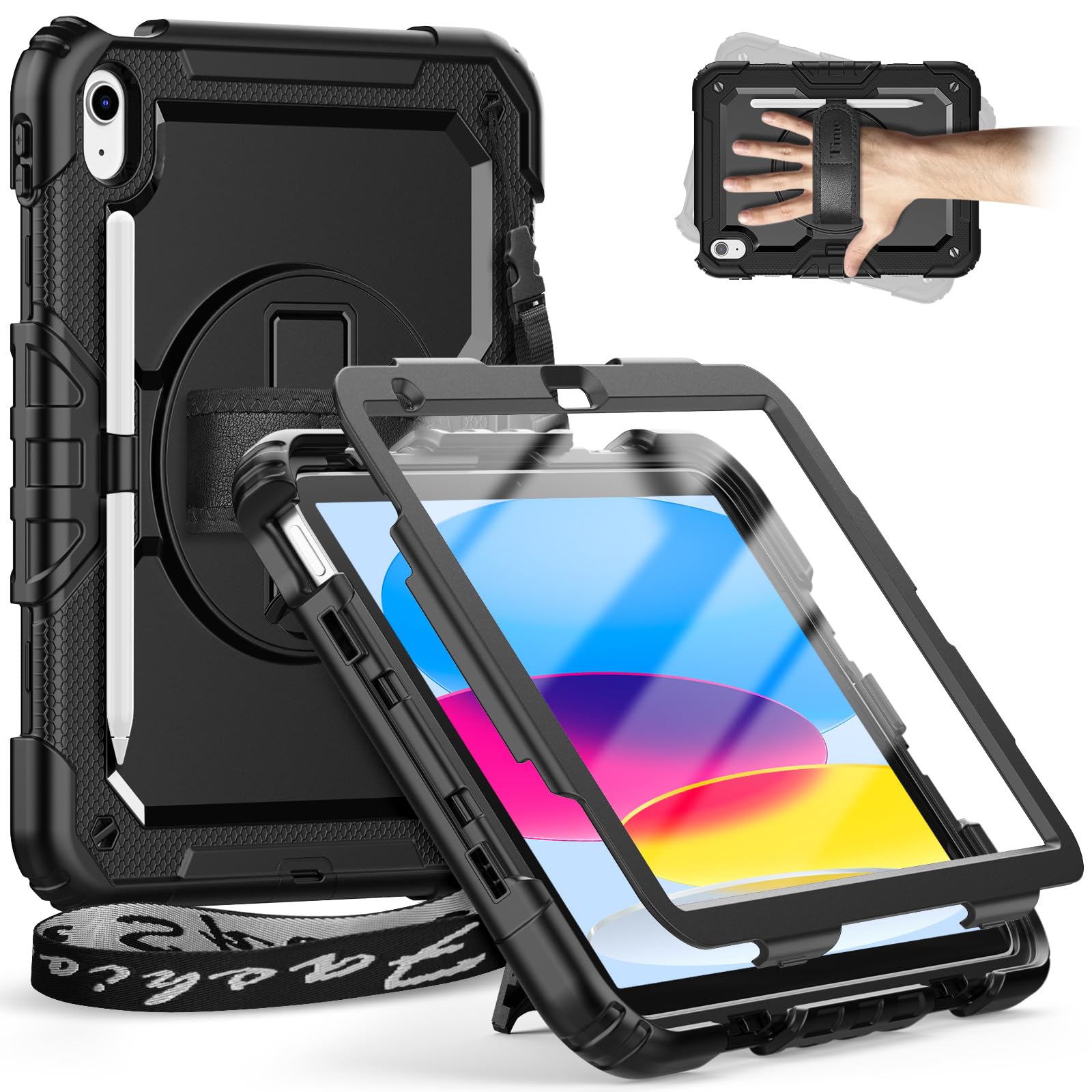 For iPad (A16) 11th Generation Case 11 inch 2025/iPad 10th Generation Case 10.9 inch 2022, Heavy Duty Protective Cover with Screen Protector, Rotating Stand, Shoulder Strap. Black