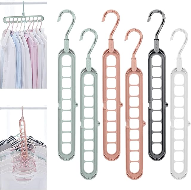 Magic Clothes Hanger Organizer, LANMOK 6 pcs Multi Function Space Saver Hangers Rotate Anti-skid Folding Hanger Plastic Standard Hangers with 9 Holes for Drying Cascading Features Storage