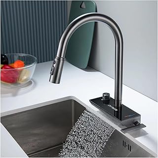 Kitchen Sink Faucets, Led Digital Temperature Display,Kitchen Faucet with Pull Down Sprayer,Kitchen Faucets,Kitchen Sink Faucet with Raindance Waterfall Outlet,Brass Body,Faucet for Kitchen Sink,Grey