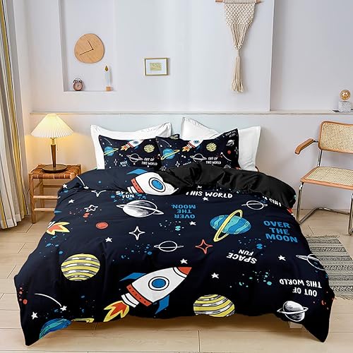 Miniatura 2 de Outer Space Planet Stars - Juego de funda de edredón tamaño Queen, galaxia celestial, naves espaciales, cohete, juego de ropa de cama para niños, 3