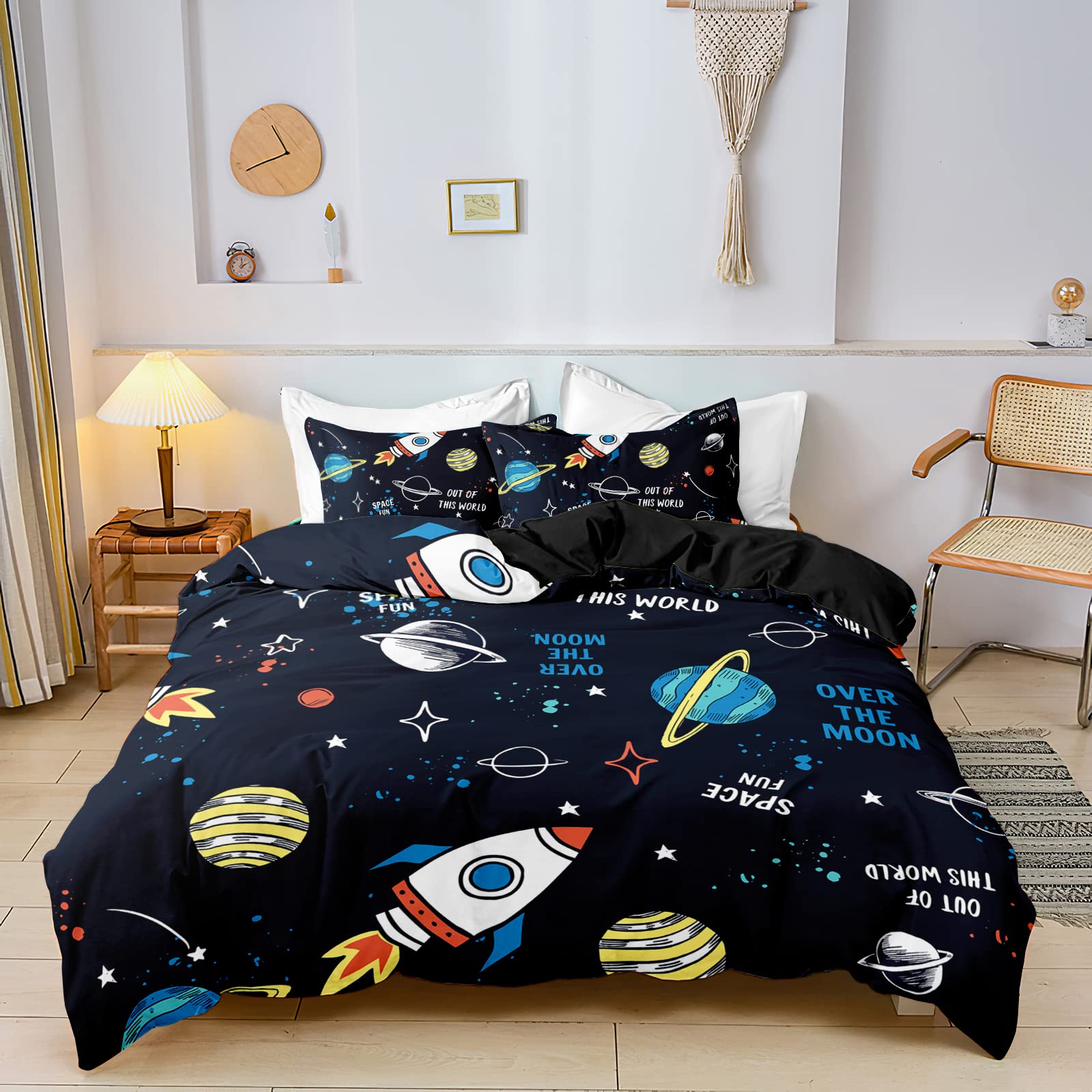 SW SETWIER Outer Space Planet Stars Queen Duvet Cover Set Celestial Galaxy Comforter Cover Spaceship Rocket Bedding Set Kids Boys Quilt Cover 3 Pcs (1 Duvet Cover & 2 Pillowcases)