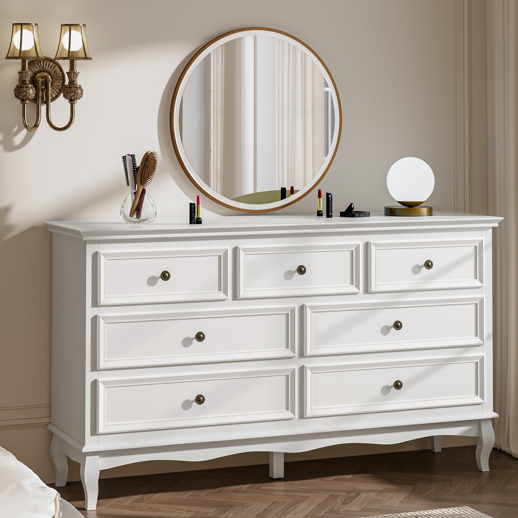 RoyalCraft White 7 Drawer Dresser for Bedroom, Modern Chest of Drawers with Solid Wood Legs and Painted Finish, Wooden Storage Closet Cabinet Organizer for Living Room, Hallway