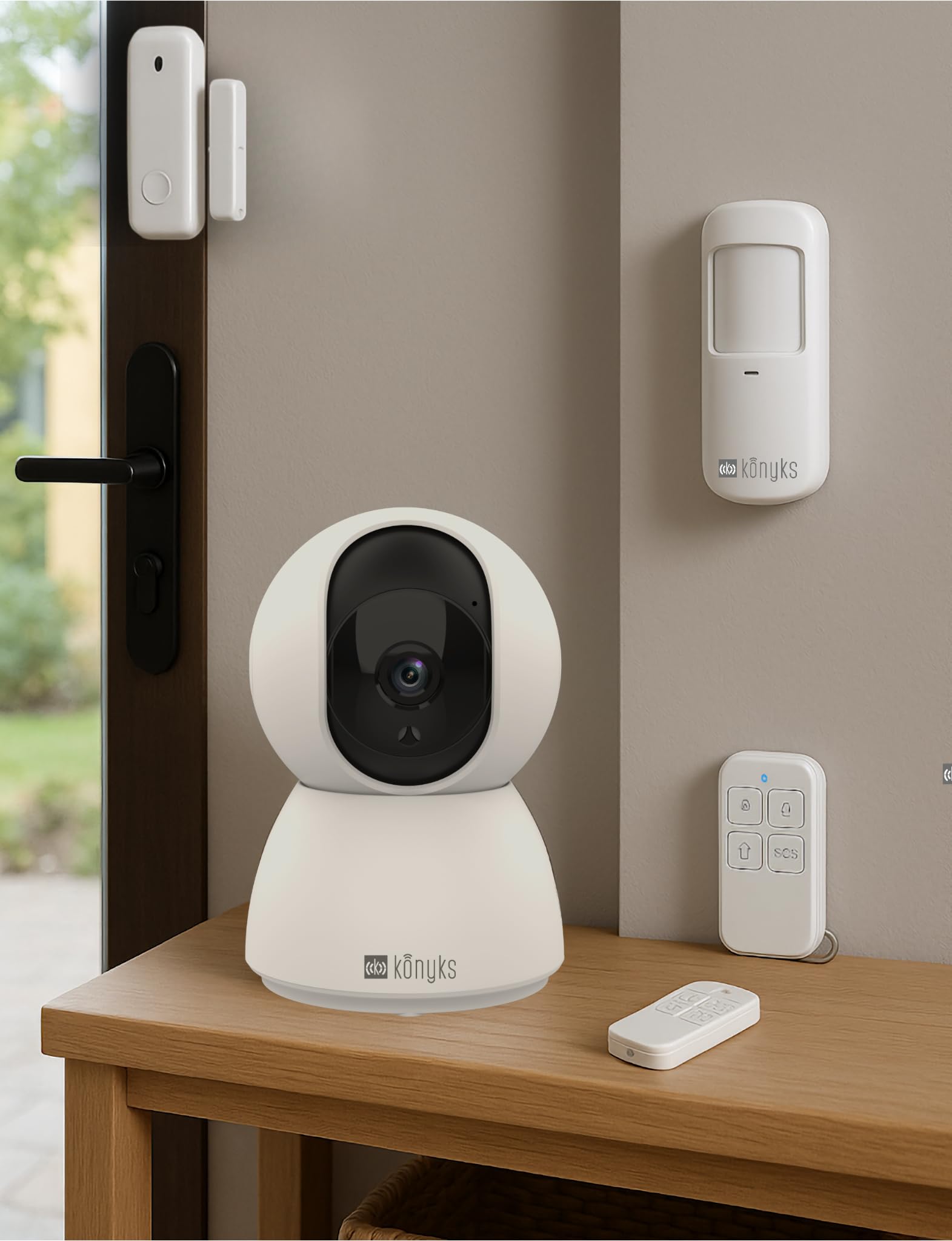 Pack sécurité, 1 Caméra WiFi intérieure motorisée 4 MP et Hub système d'alarme + 2 détecteurs d'ouverture + 1 détecteur de Mouvement + 2 télécommandes