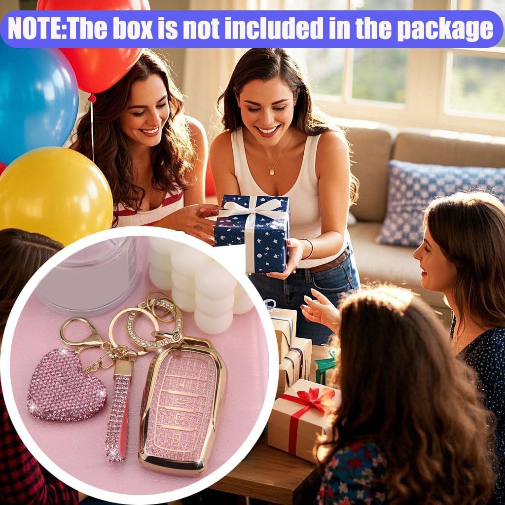 Key Fob Cover with Diamond Keychain Fit for Toyota Car Key Holder Compatible with Camry 2025, Venza 2019-2024, RAV4 Prime, Land Cruiser, Fortuner, Grand Highlander, Corolla, 4 Buttons (Pink)