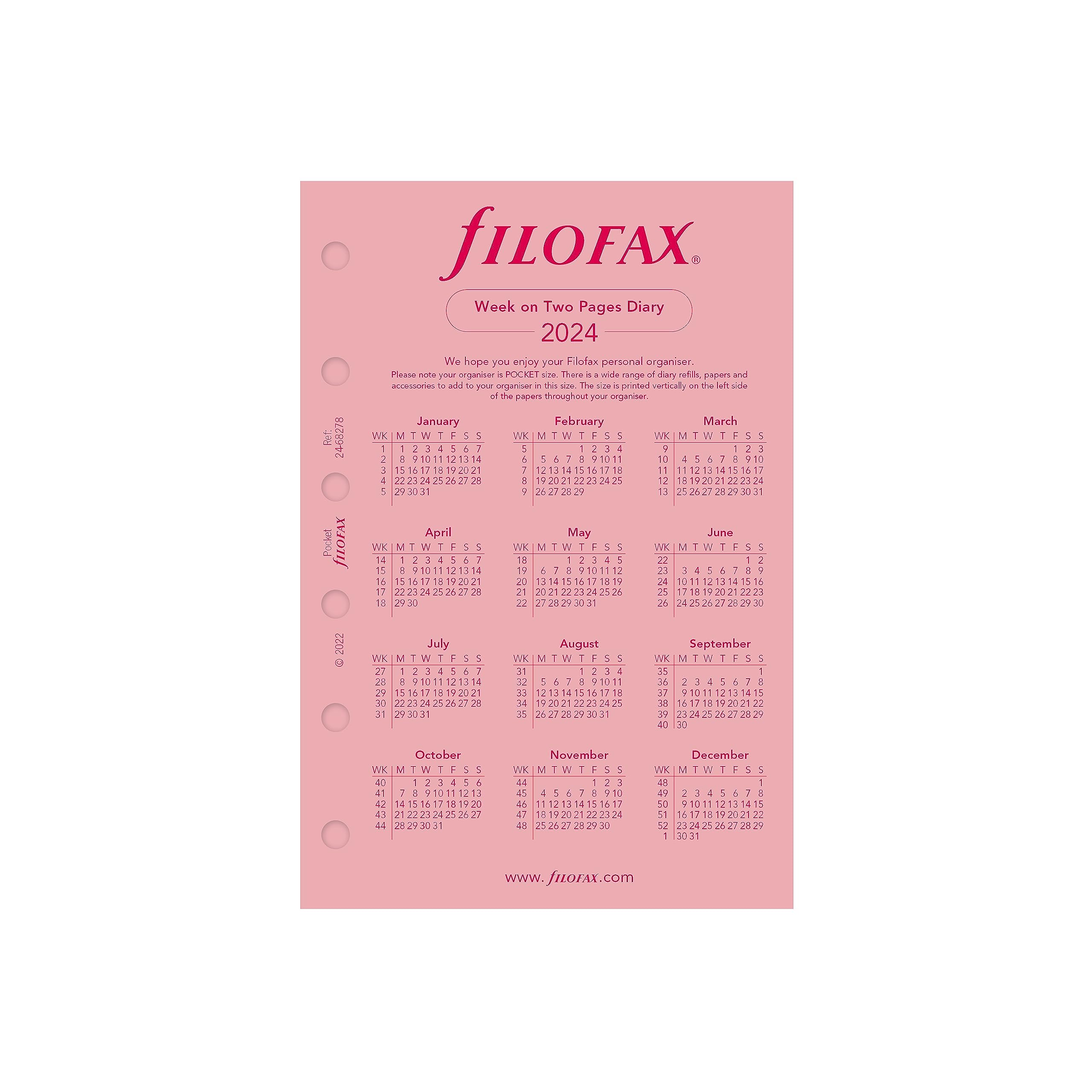 Filofax Ricarica agenda per calendario, formato tascabile, visualizzazione settimanale, carta rosa, senza righe, inglese, C68278-24